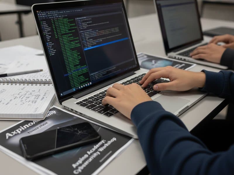 Students working through a hands-on cybersecurity lab on their laptops.